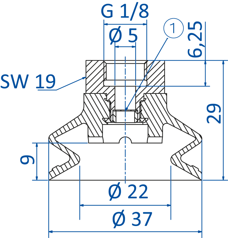 Размеры сильфонной вакуумной присоски FIPA серии SP-BX 22.037.257